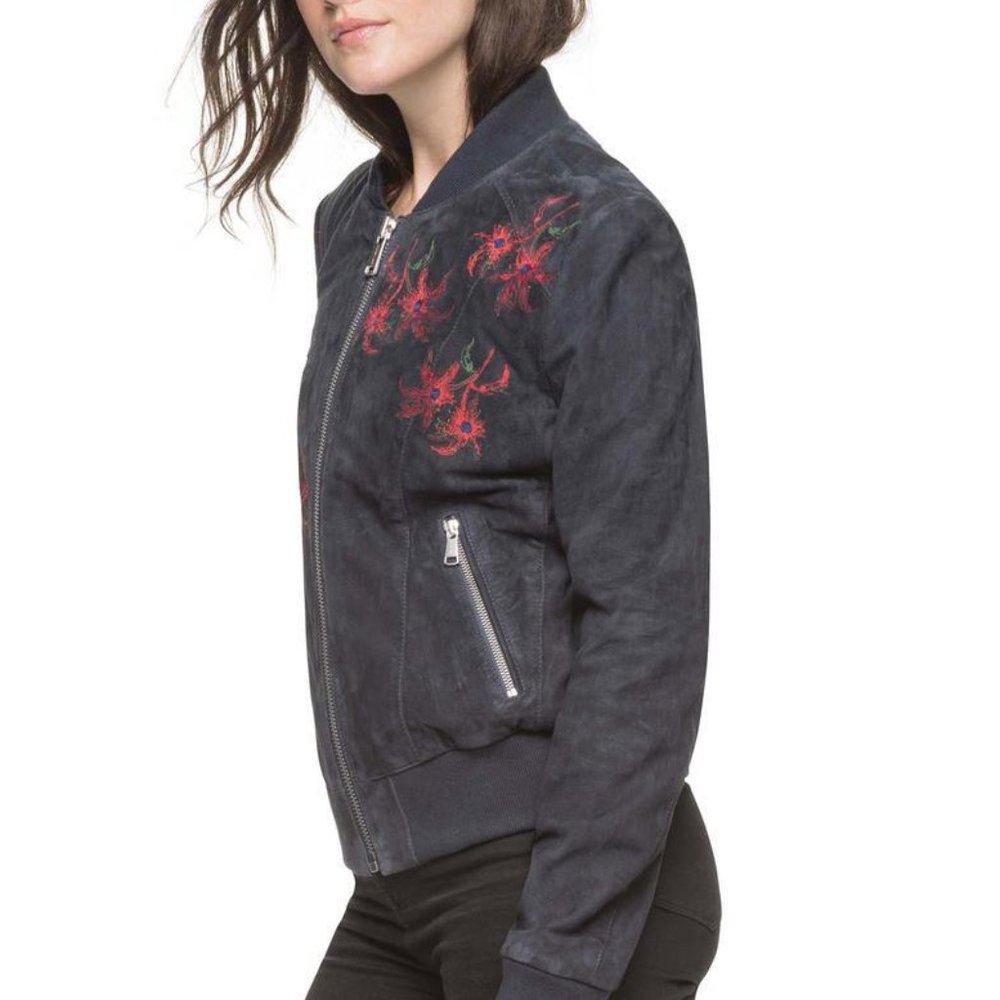 Andrew Marc New Bomber Embroidered Suede Leather Jacket Navy Women's M - Picture 3 of 16